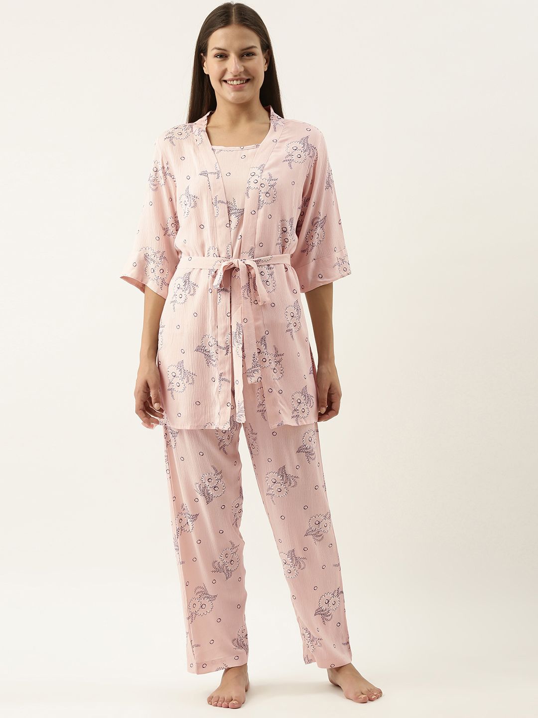 SANSKRUTIHOMES Women Pink Printed Cotton Night suit With Robe Price in India