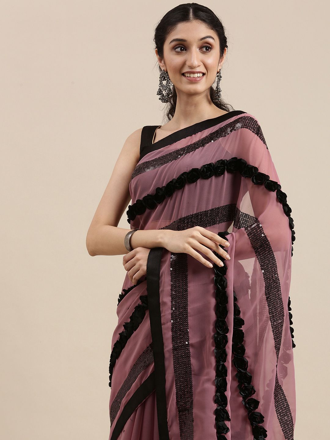 VASTRANAND Pink & Navy Blue Striped Sequinned Floral Applique Saree Price in India