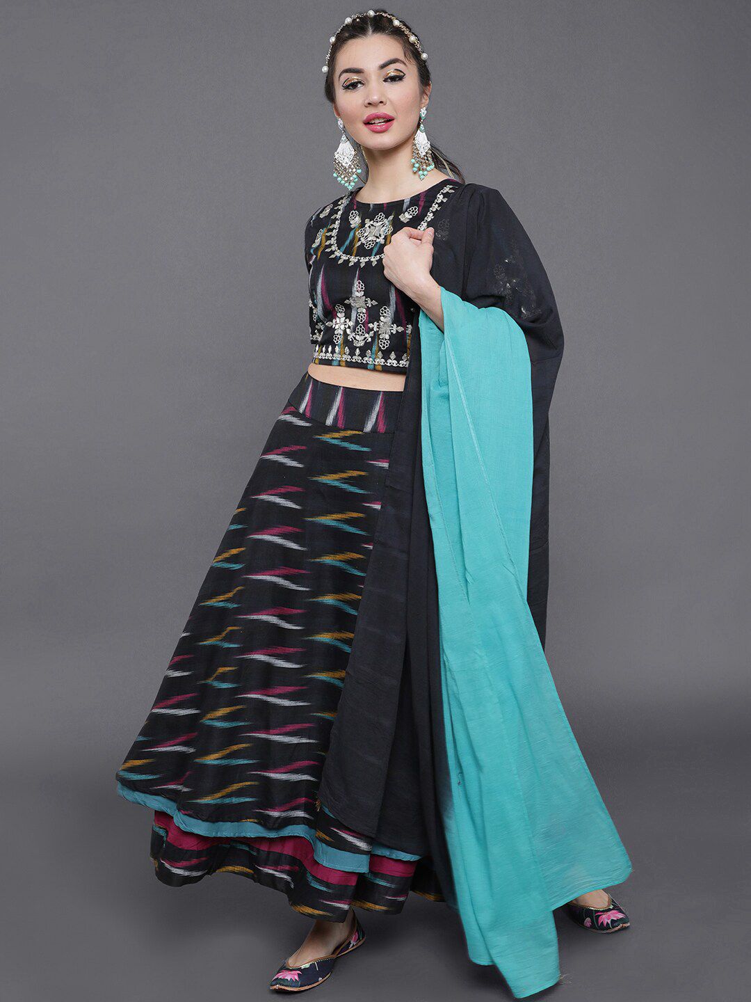 saubhagya Black & Blue Ikat Woven Design Ready to Wear Cotton Lehenga &Blouse With Dupatta Price in India