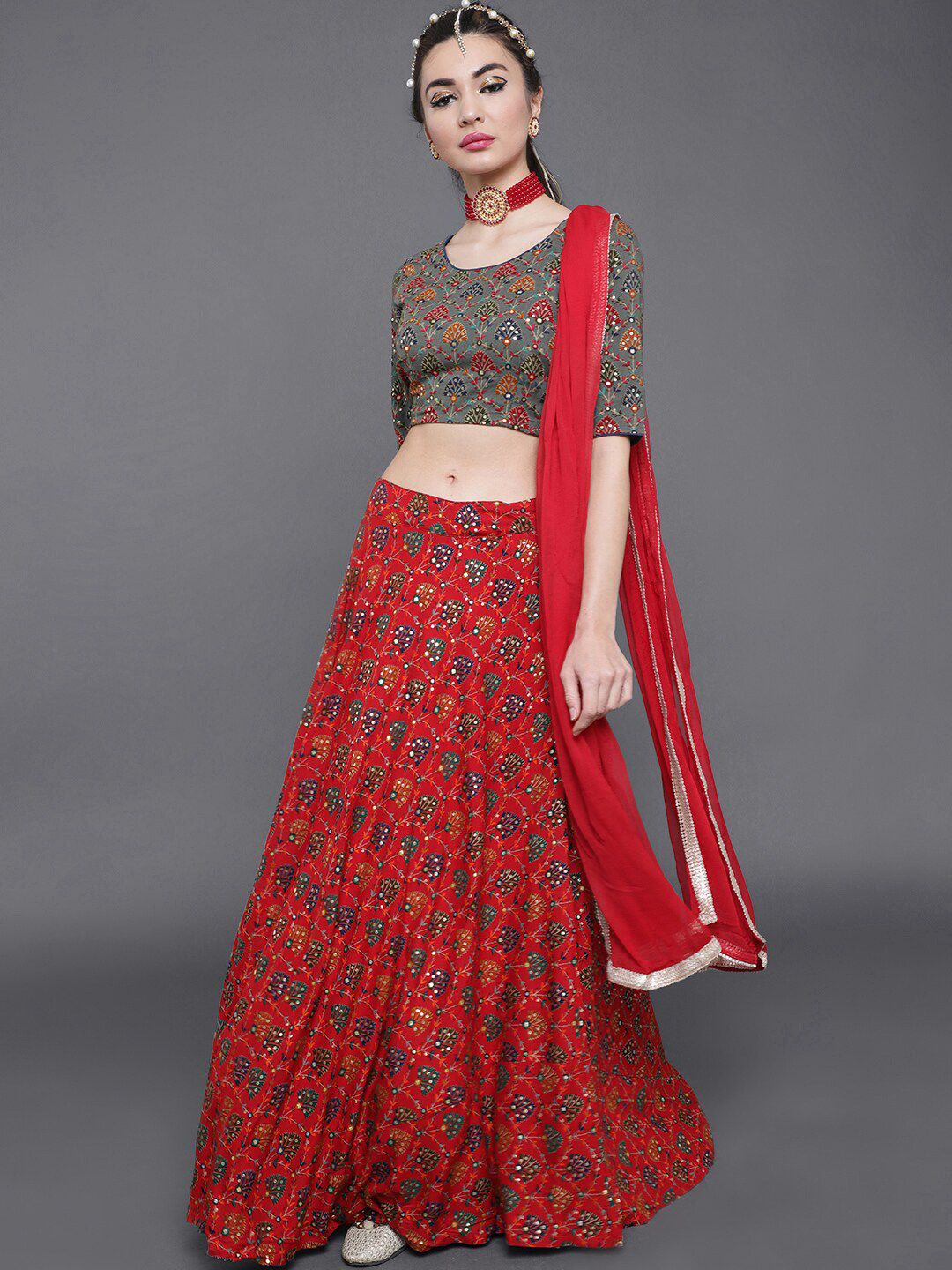 saubhagya Red & Grey Printed Ready to Wear Lehenga & Blouse With Dupatta Price in India