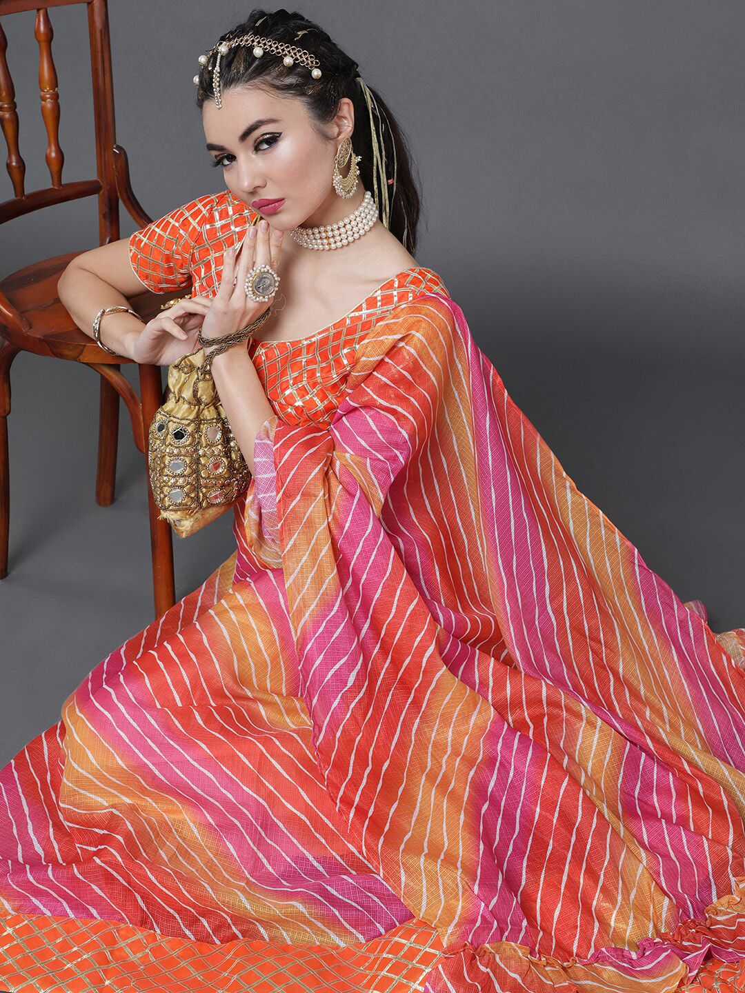 saubhagya Orange & Pink Ready to Wear Lehenga & Blouse With Dupatta Price in India