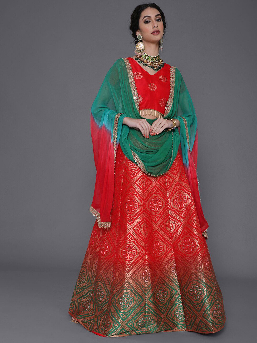 saubhagya Red & Green Bandhani Printed Ready to Wear Lehenga & Blouse With Dupatta Price in India