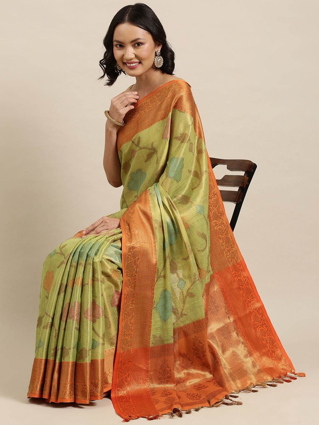 Pothys Green & Blue Ethnic Motifs Woven Design Jute Silk Saree Price in India