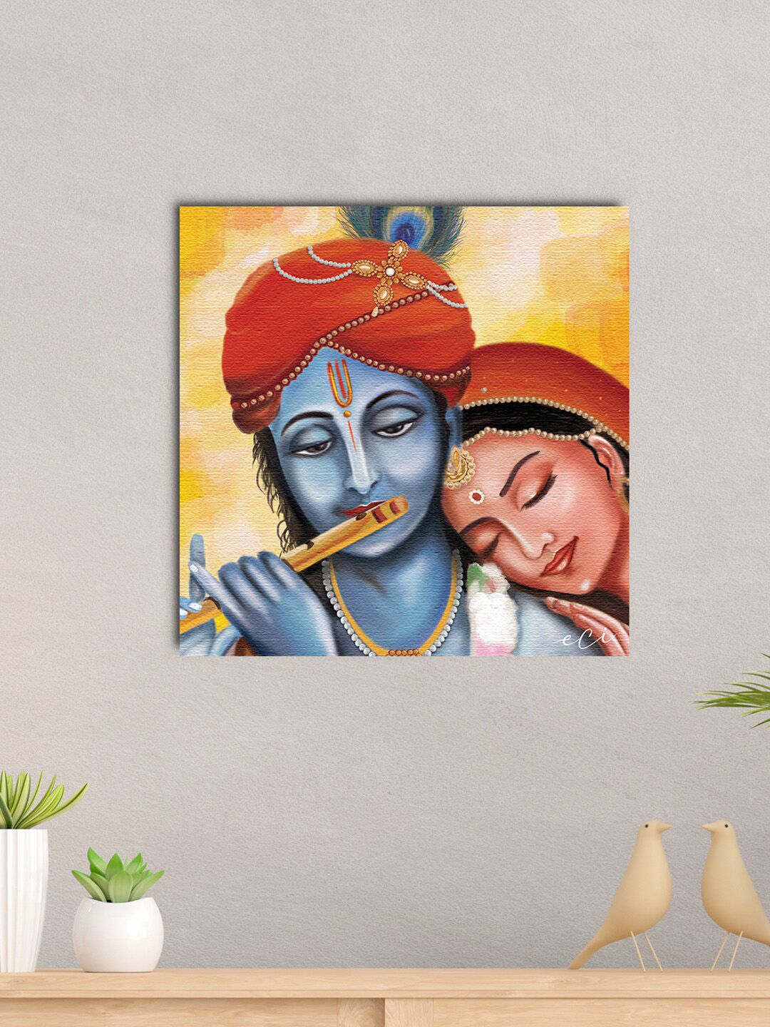 eCraftIndia Blue & Yellow Lord Krishna With Flute Printed Canvas Wall Painting Price in India