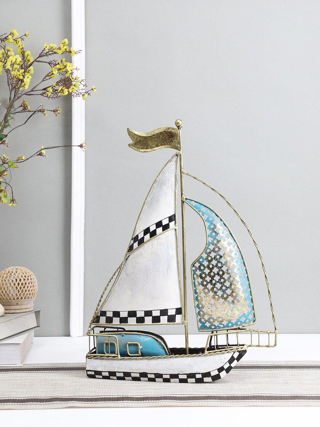 Aapno Rajasthan White and Blue Breezy and Serene Boat Table Decor Showpiece Price in India