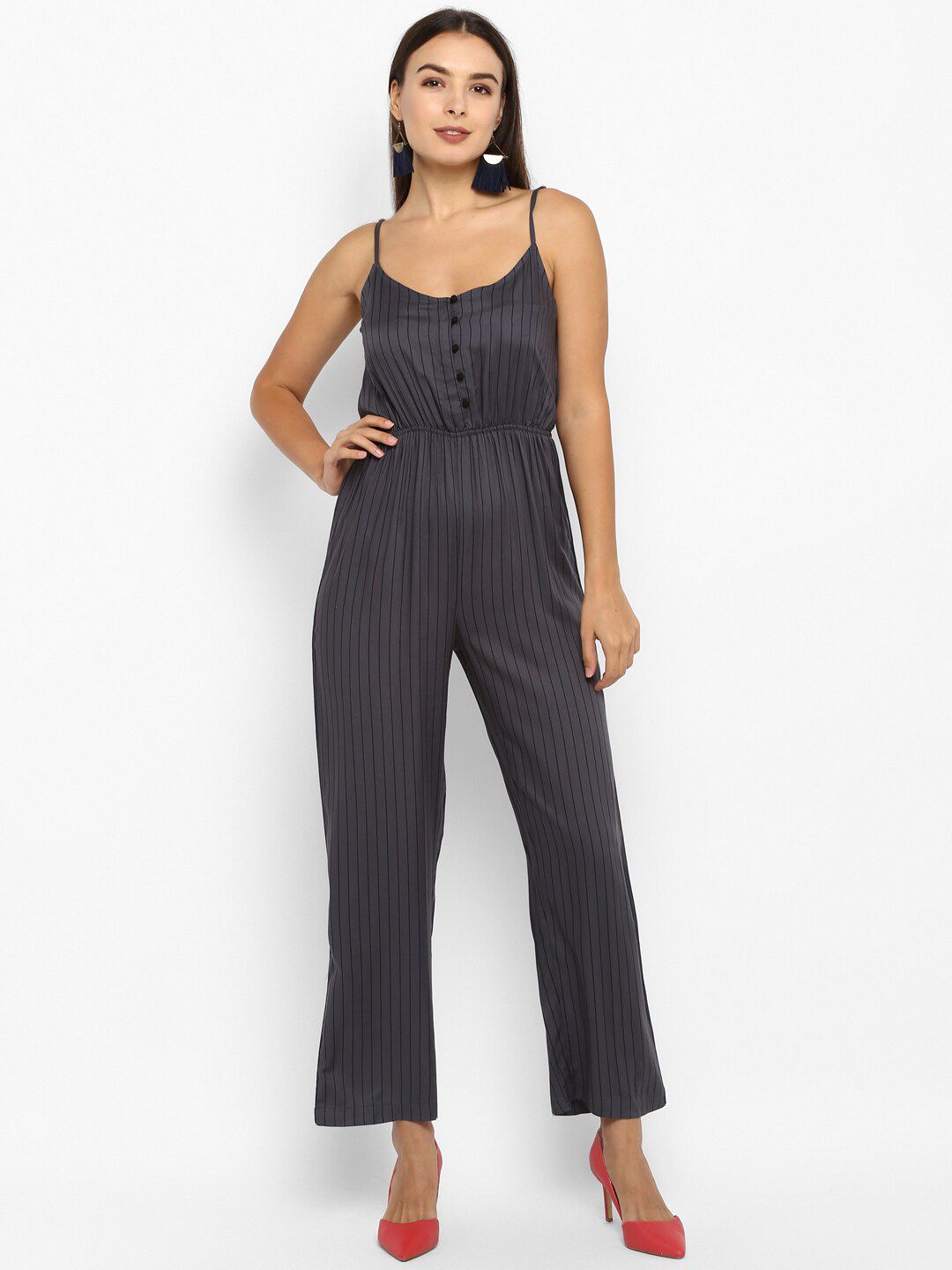 DEEBACO Women Grey & Black Striped Cotton Culotte Jumpsuit Price in India