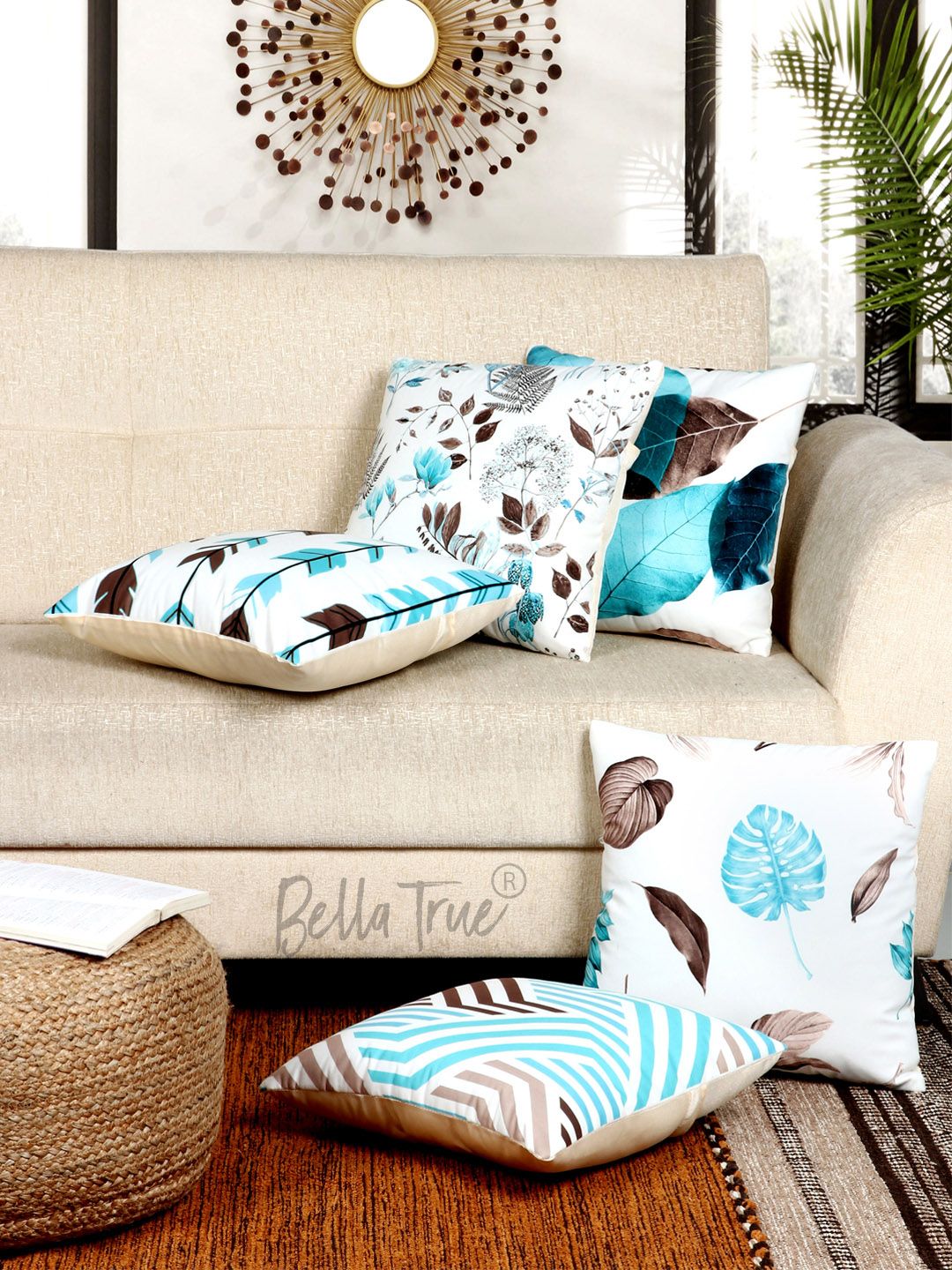BELLA TRUE Blue & White Set of 5 Floral Velvet Square Cushion Covers Price in India