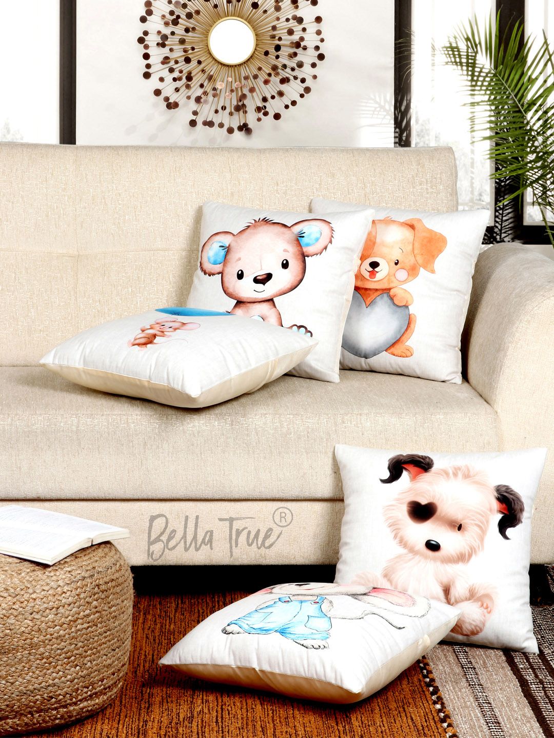 BELLA TRUE Set of 5 White & Brown Cartoon Characters Velvet Square Cushion Covers Price in India