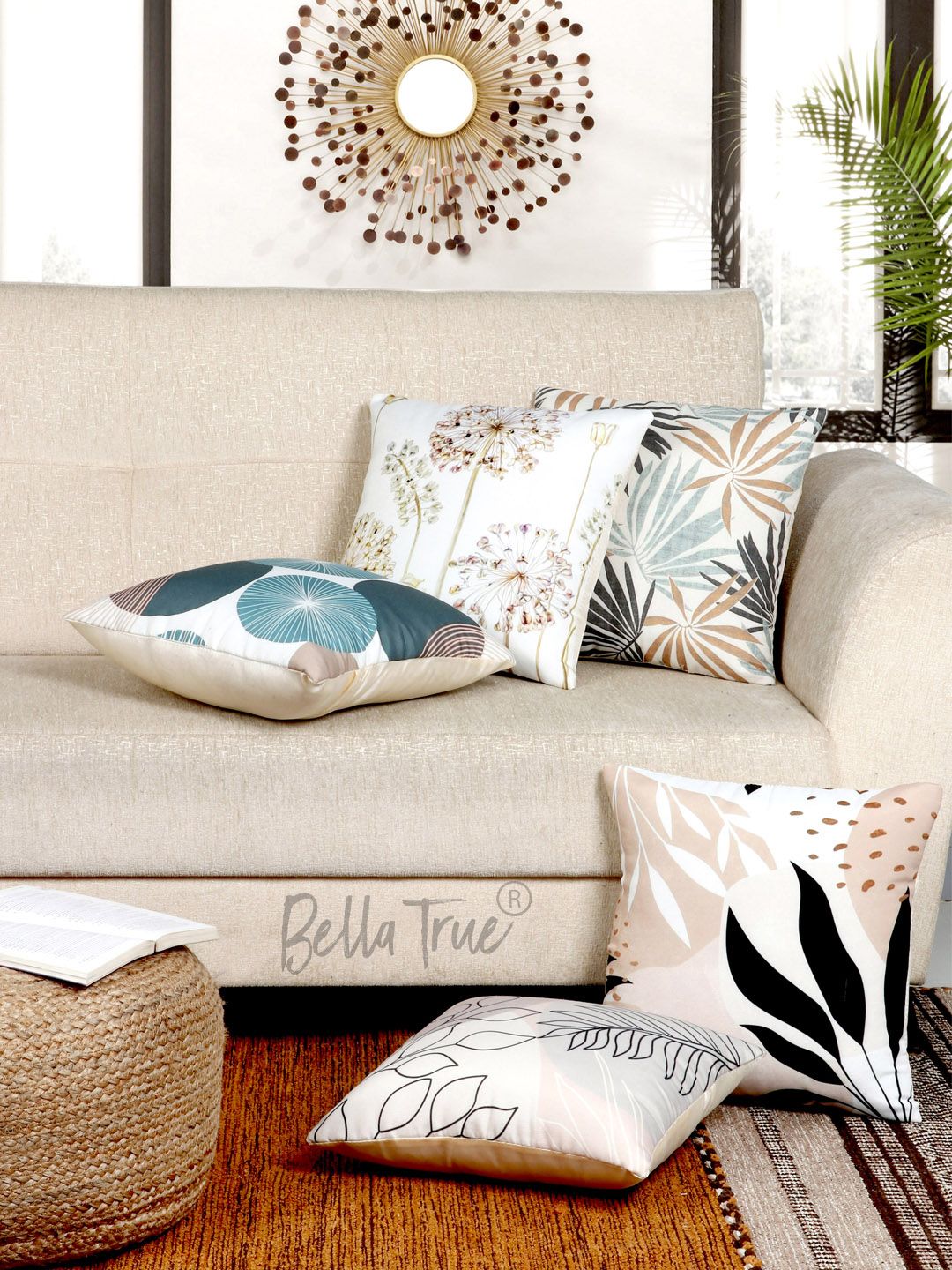 BELLA TRUE White & Beige Set of 5 Floral Square Cushion Covers Price in India