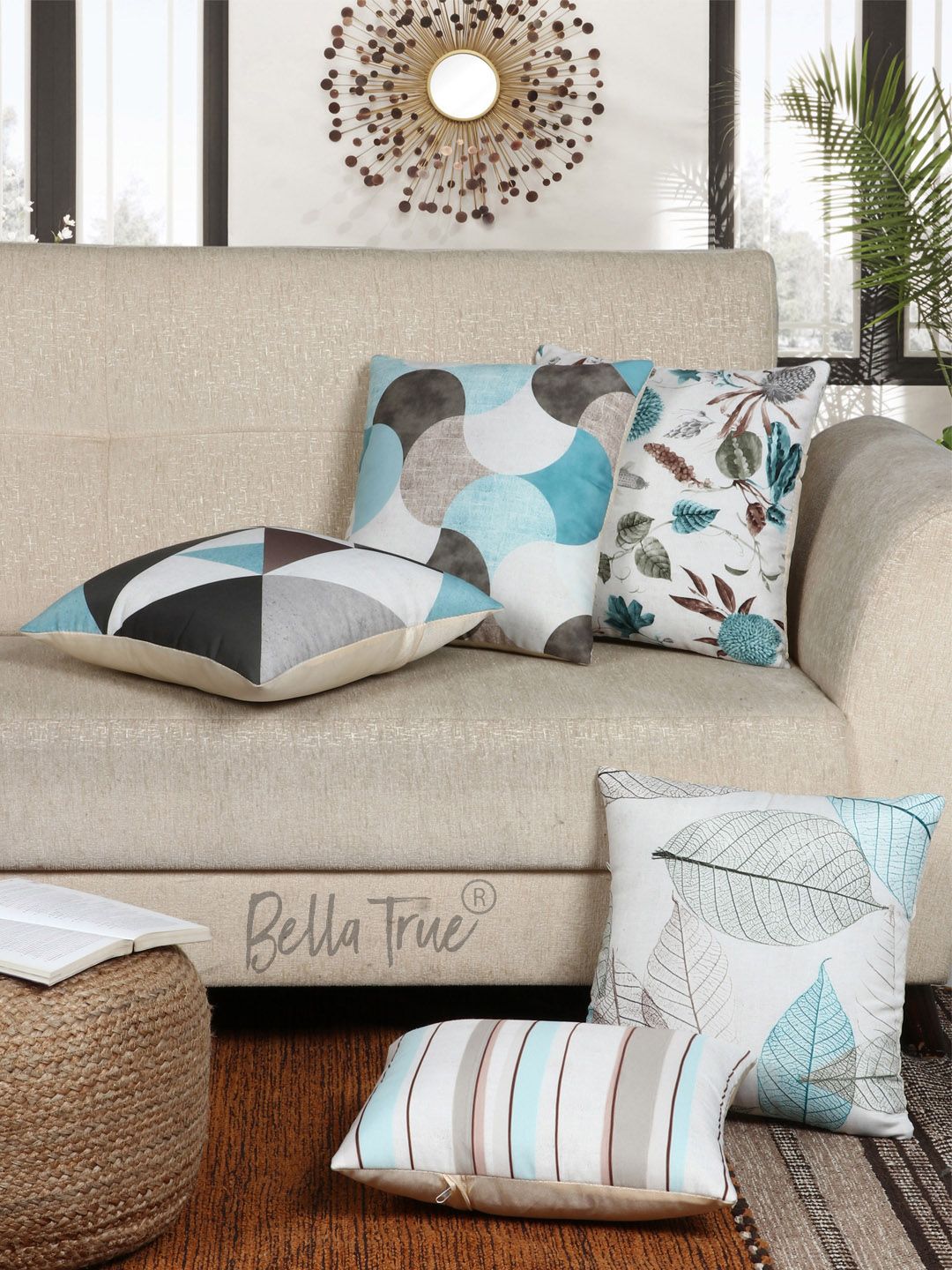 BELLA TRUE White & Blue Set of 5 Floral Square Cushion Covers Price in India