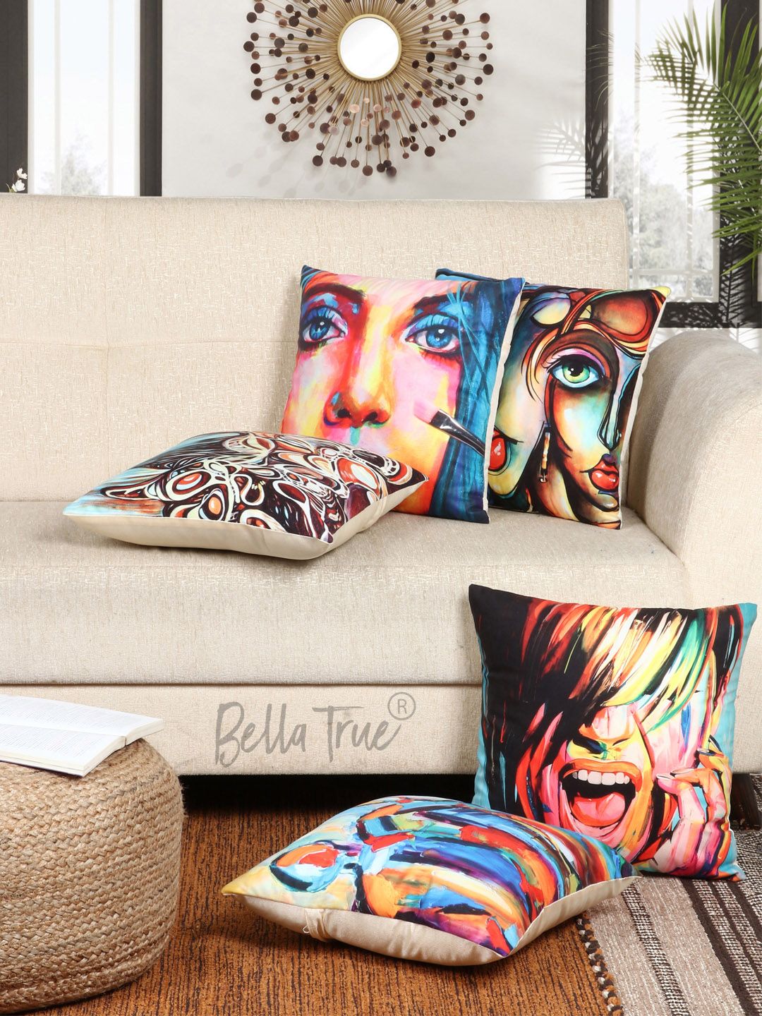 BELLA TRUE Blue & Pink Set of 5 Quirky Square Cushion Covers Price in India
