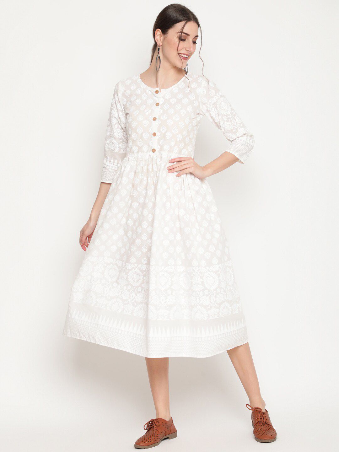 THE NKS PLUS White Ethnic Motifs Printed A-Line Cotton Midi Dress Price in India