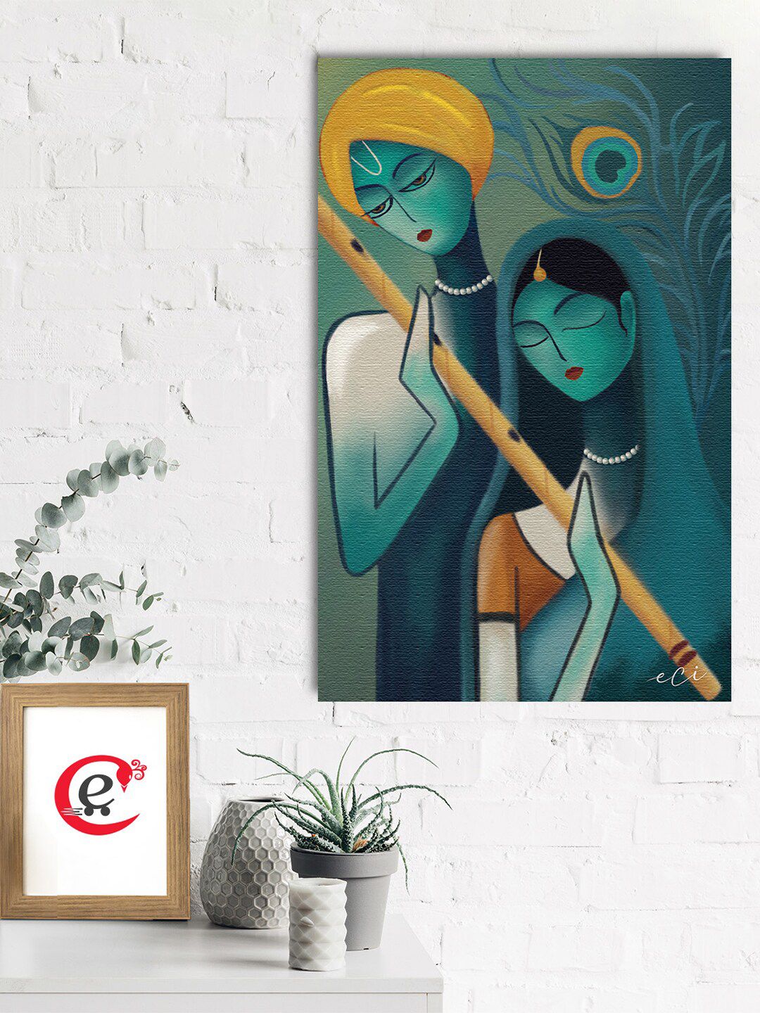 eCraftIndia Blue & Yellow Lord Radha Krishna Canvas Printed Wall Art Price in India