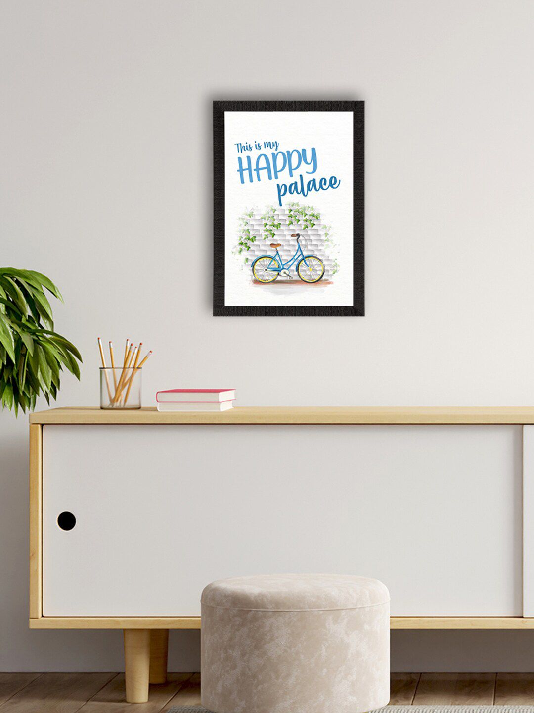 eCraftIndia White & Blue This Is My Happy Place Printed Framed Wall Art Price in India