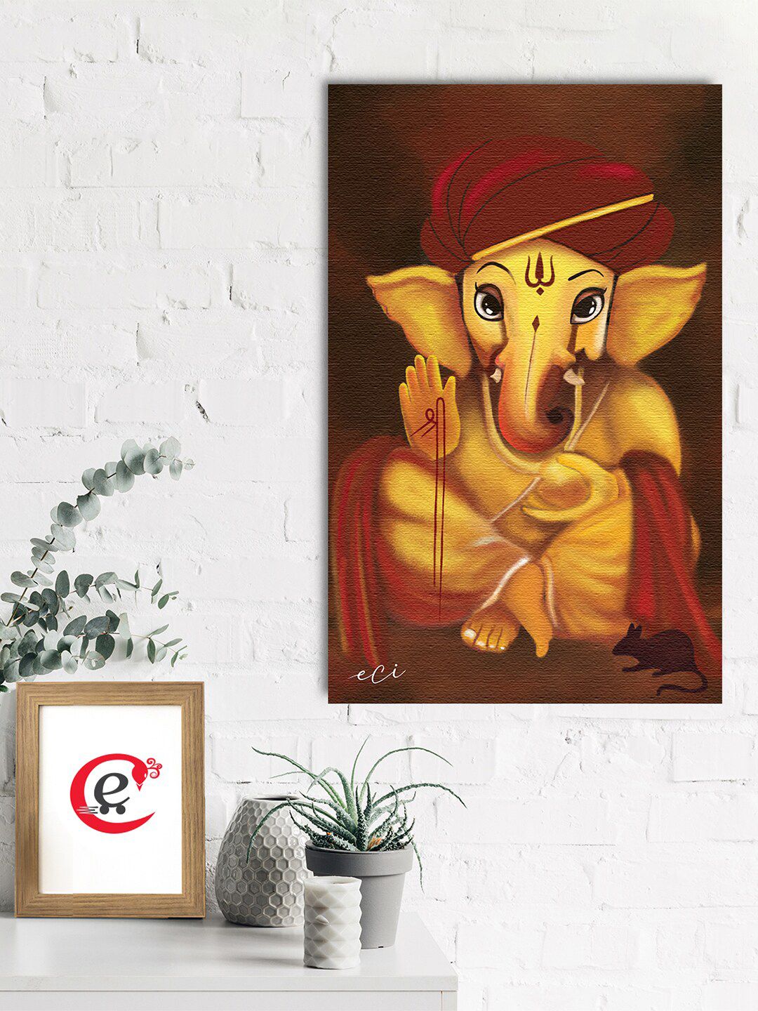 eCraftIndia Yellow & Brown Lord Ganesha Canvas Printed Wall Painting Price in India