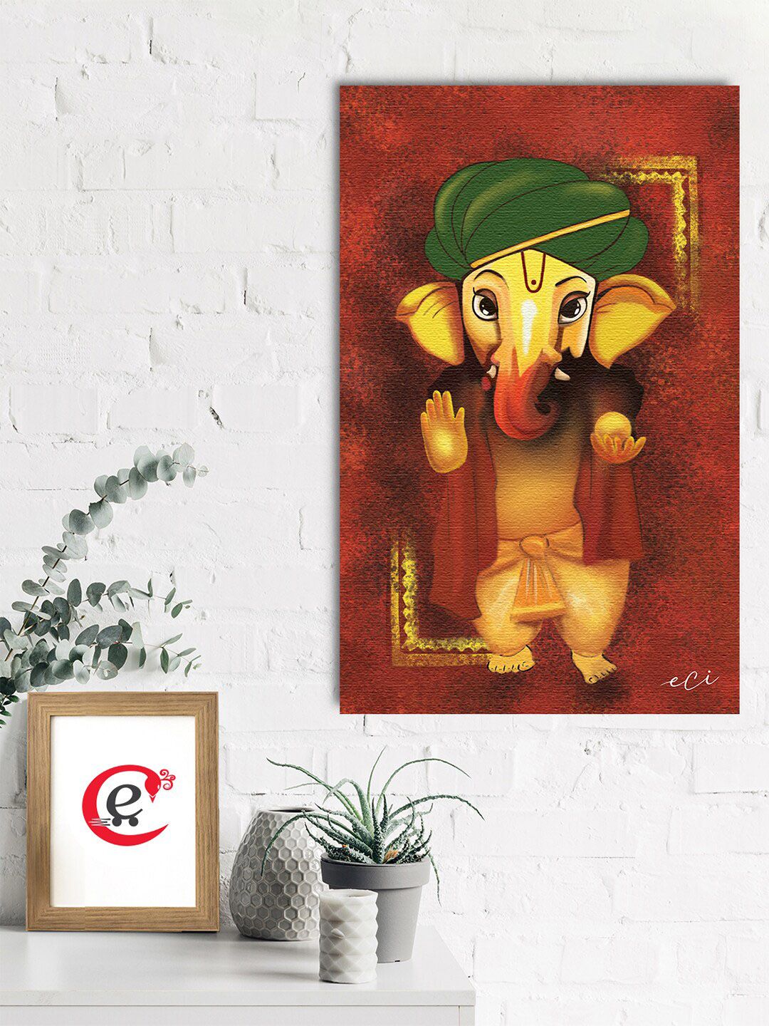 eCraftIndia Red & Yellow Spiritual Lord Ganesha Printed Canvas Wall Painting Price in India