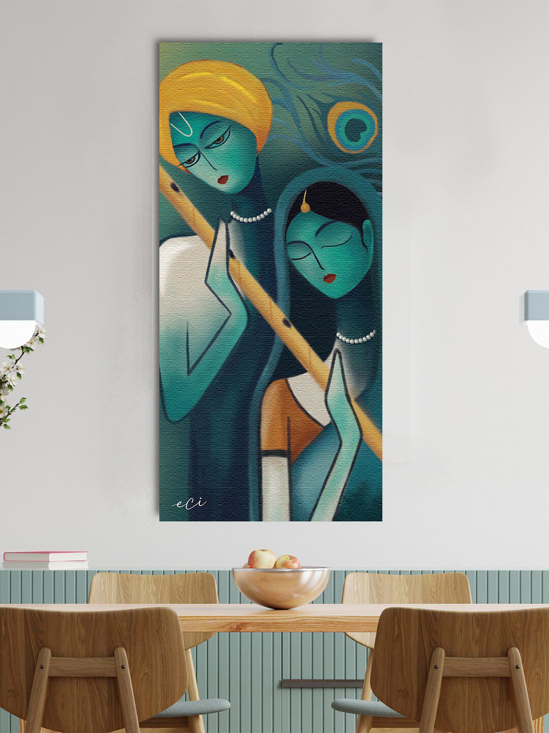 eCraftIndia Teal Blue & Yellow Lord Radha Krishna Abstract Art Original Design Canvas Printed Wall Painting Price in India