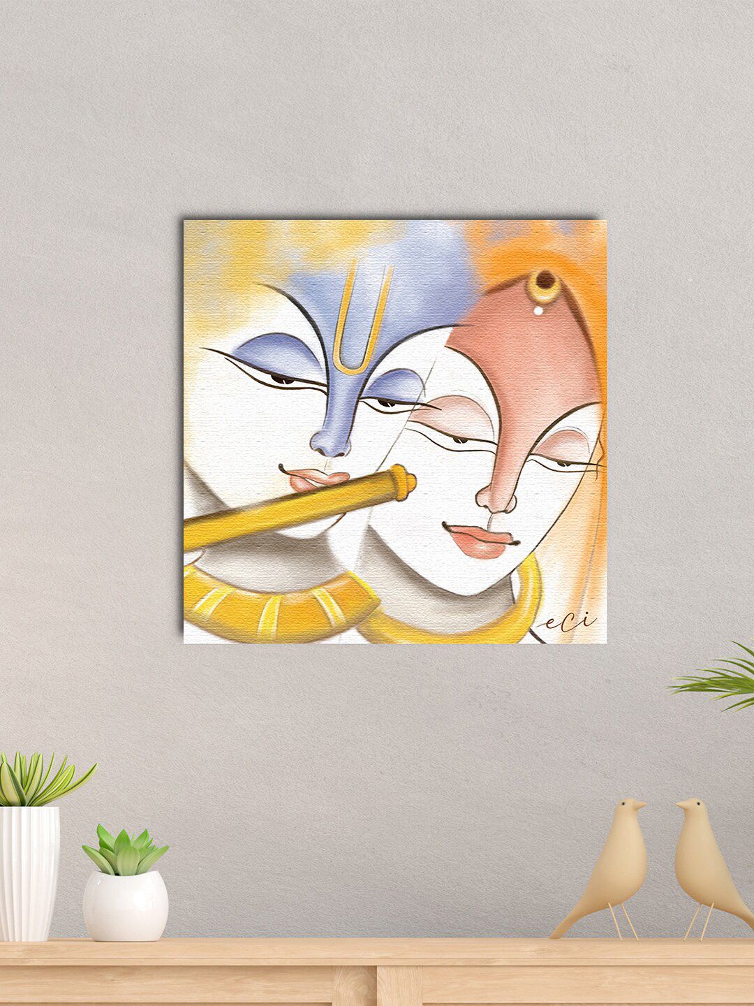 eCraftIndia Blue & Yellow Hare Krishna Original Design Canvas Printed Wall Painting Price in India