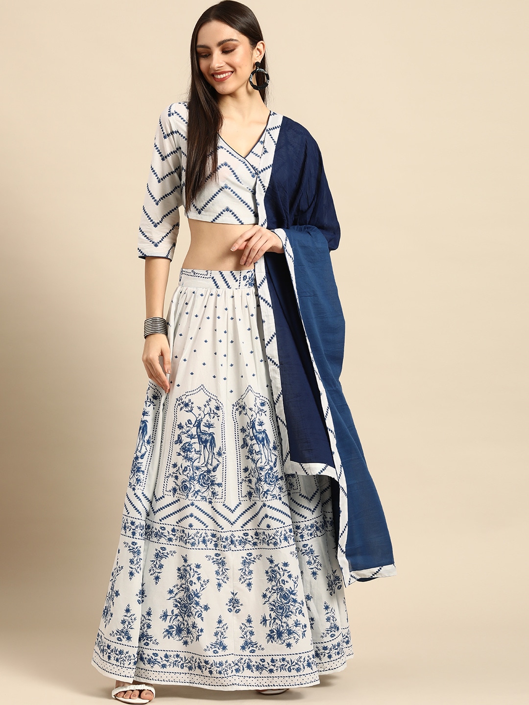 Anouk Women White & Navy Blue Printed Ready to Wear Lehenga Choli Price in India