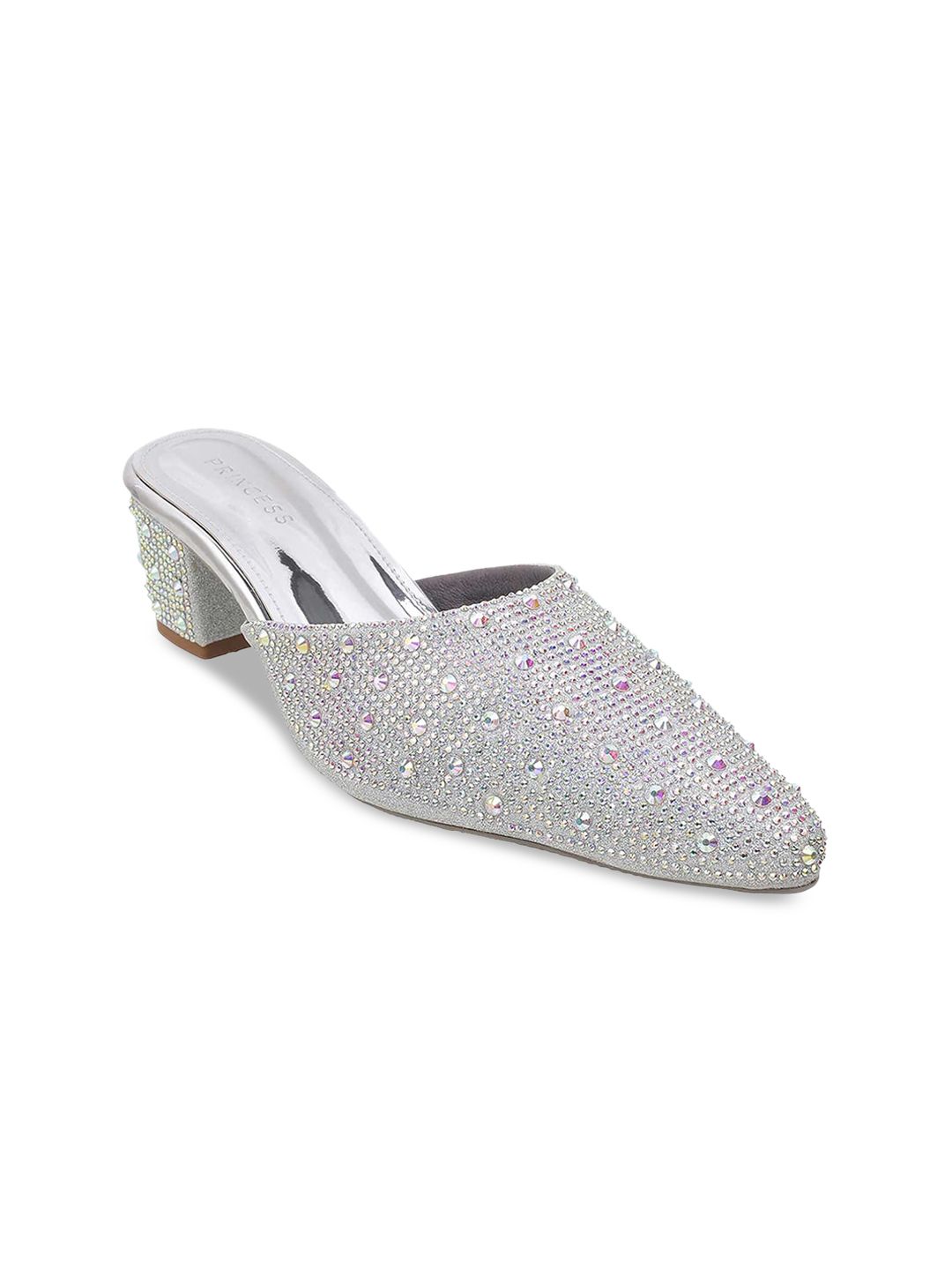 Metro Silver-Toned Embellished Party Block Mules Price in India
