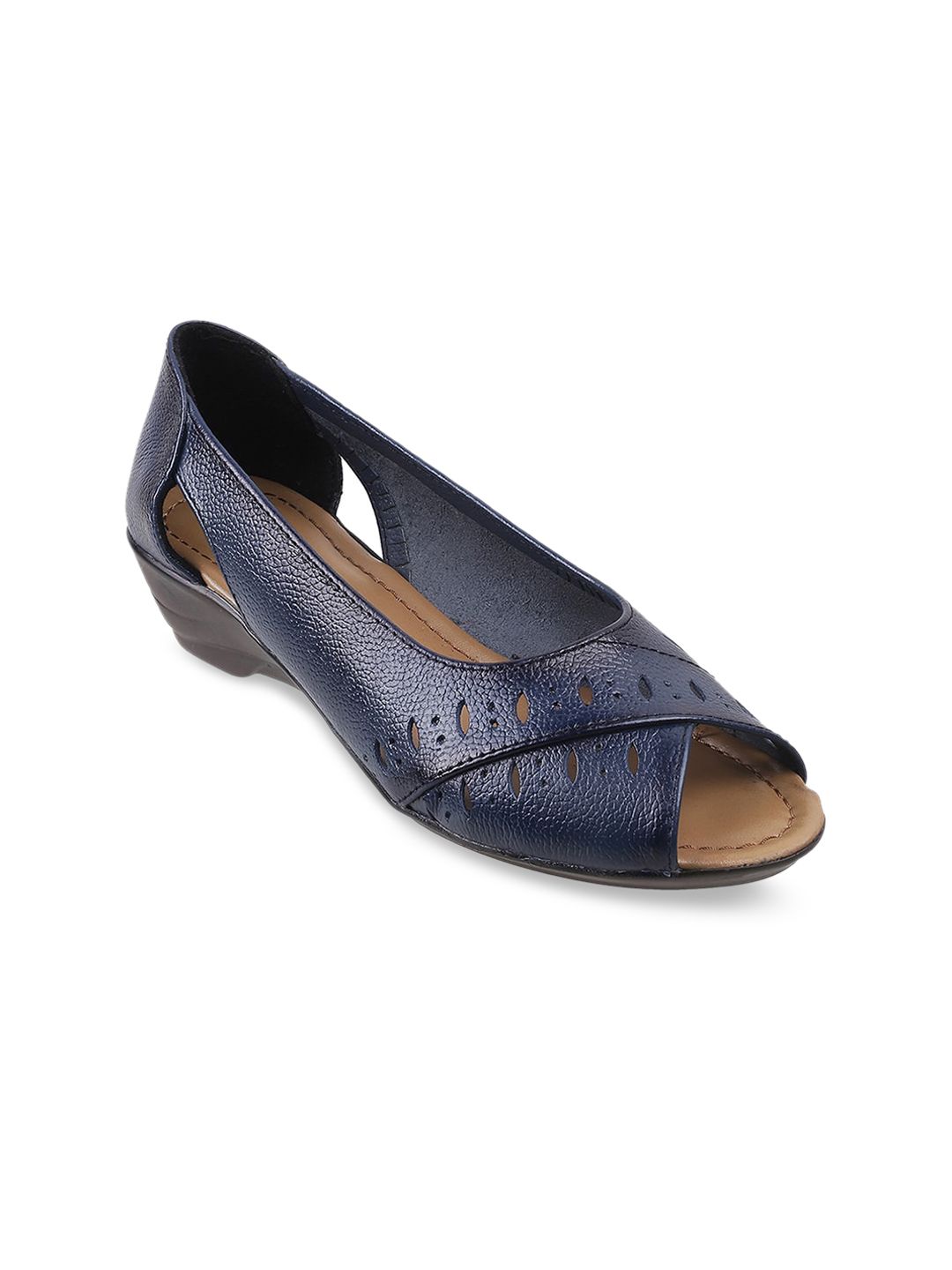 Metro Navy Blue Textured Leather Laser Cut Wedge Peep Toes Price in India