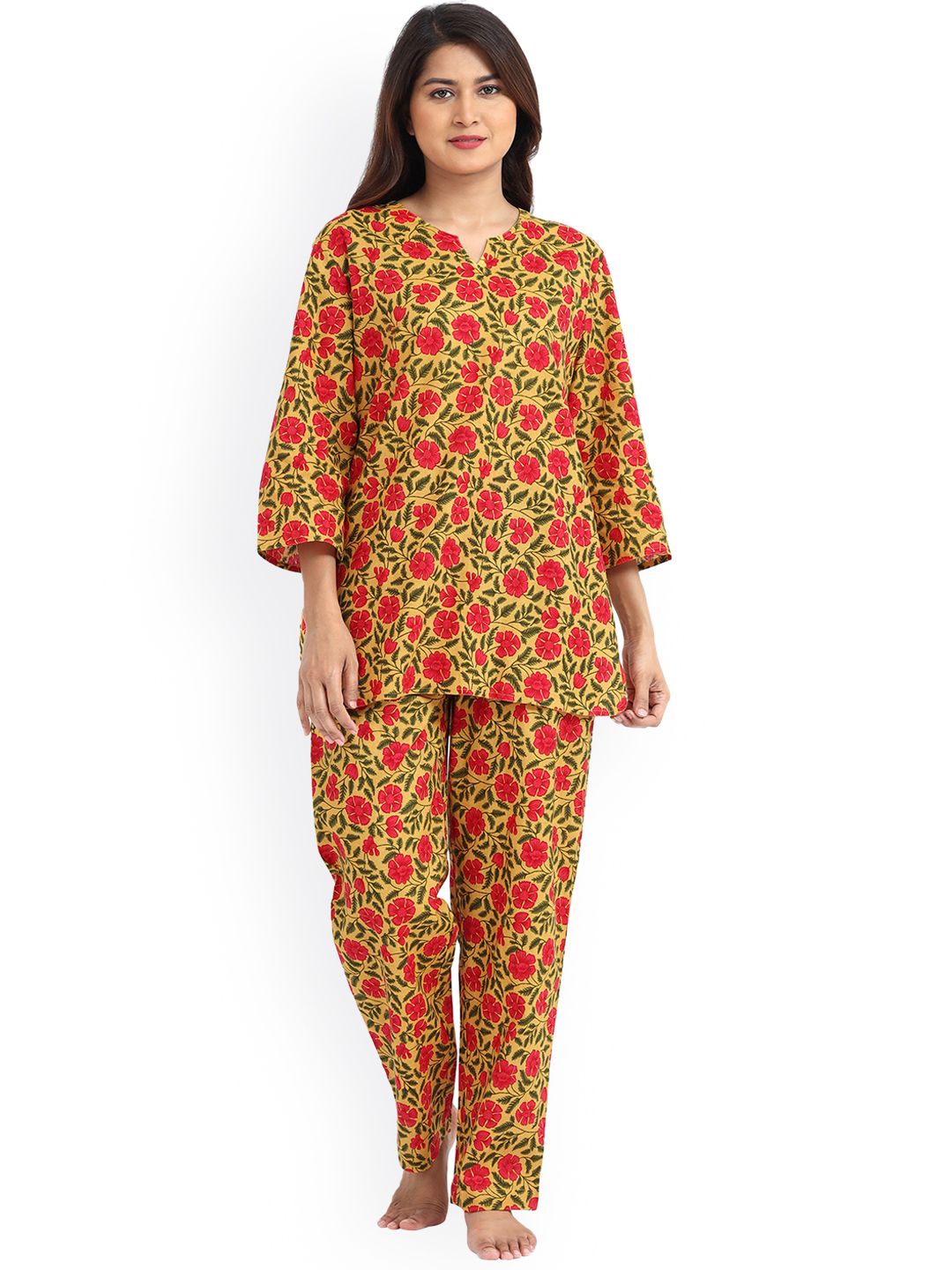 9shines Label Women Yellow & Red Printed Pure Cotton Night suit Price in India