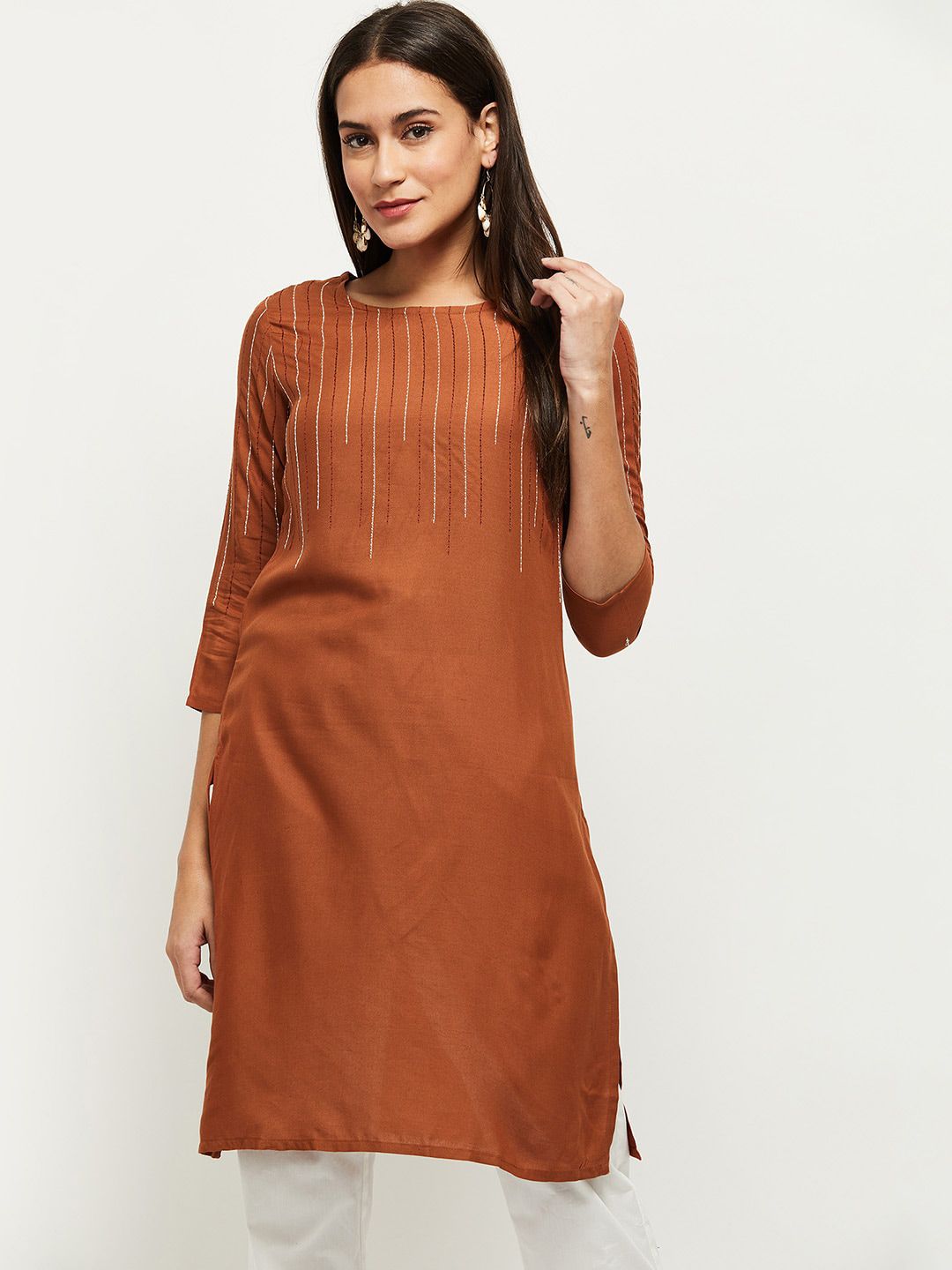 max Women Rust & White Striped Straight Kurta Price in India