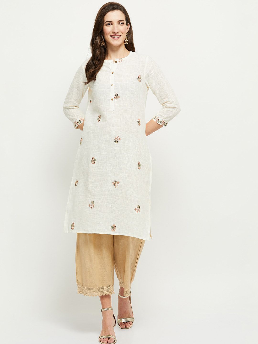 max Women Off White & Gold-Toned Ethnic Motifs Embroidered Thread Work Kurta Price in India