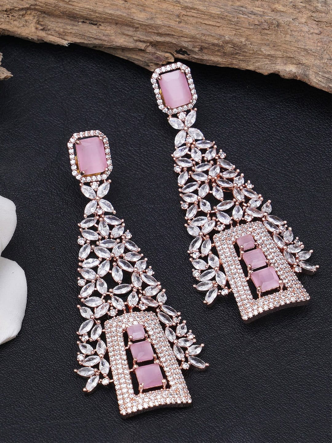 KARATCART Pink & Rose Gold American Diamond Studded Contemporary Drop Earrings Price in India