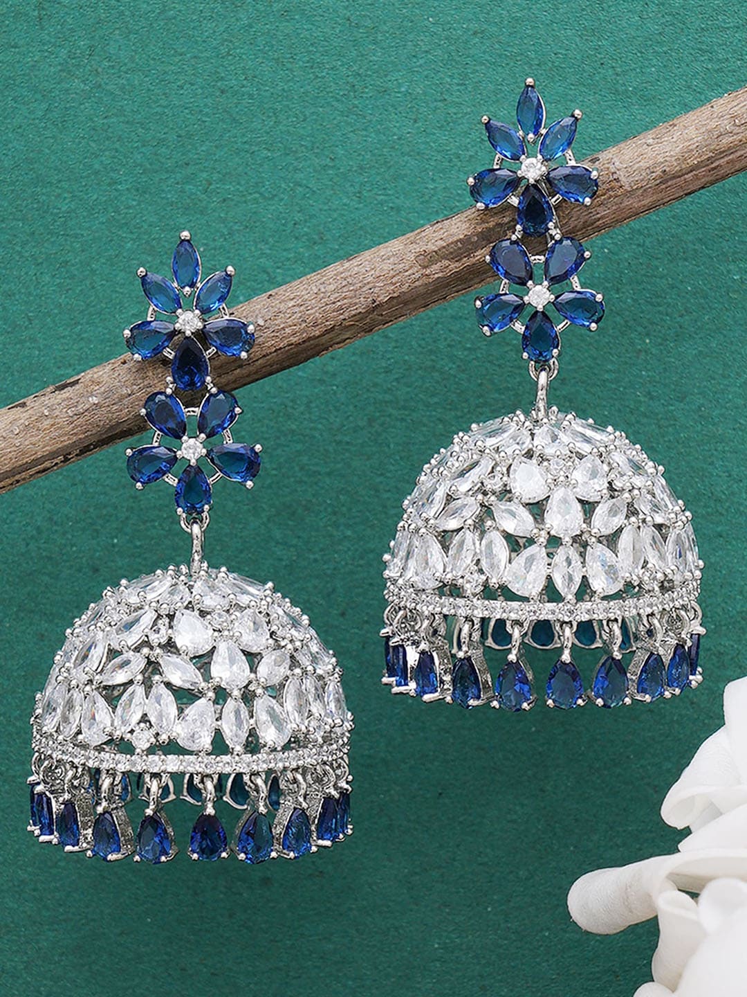 KARATCART Blue & White American Diamond Studded Jhumkas Earrings Price in India