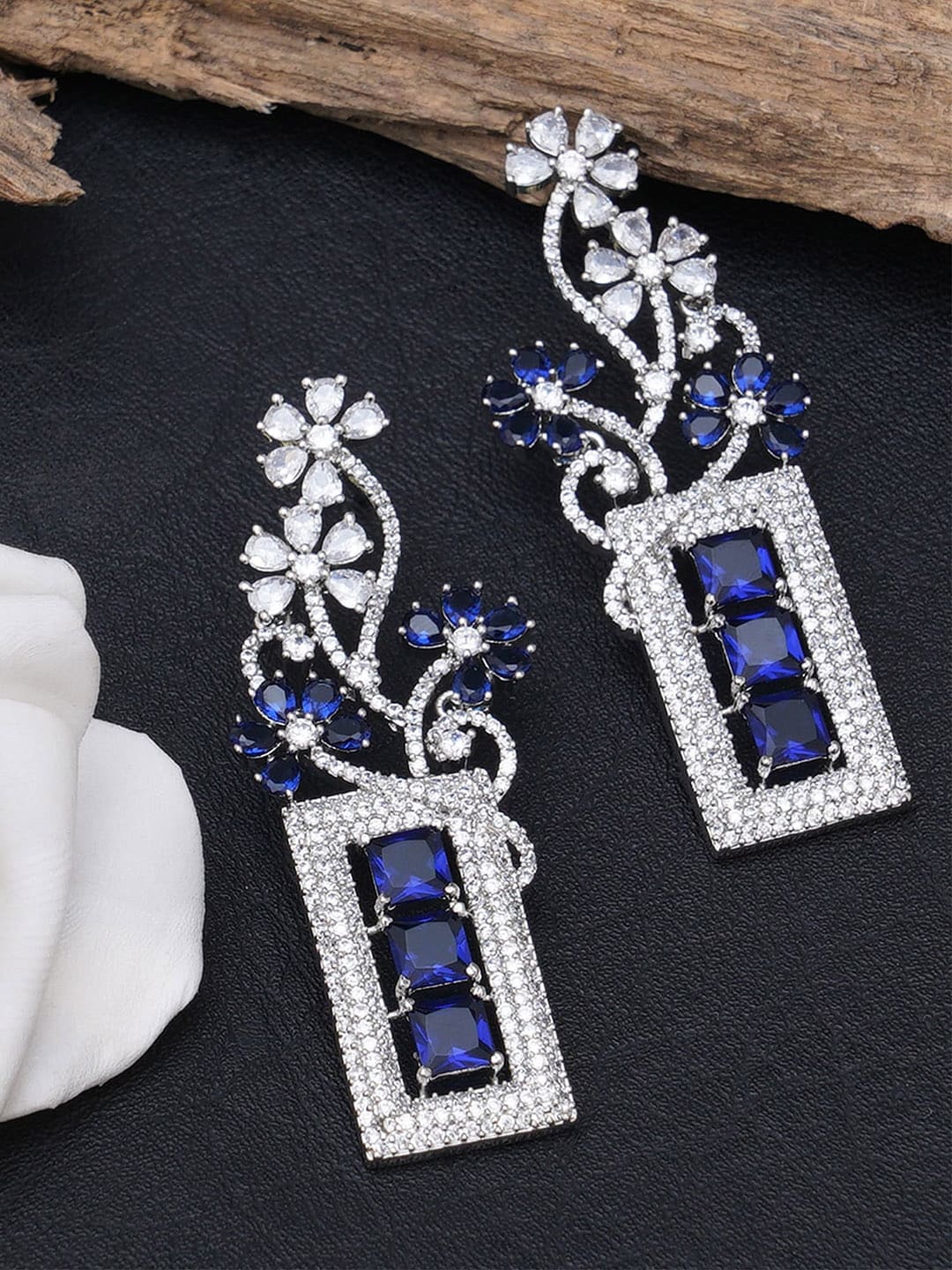 KARATCART Blue & Silver-Toned Floral American Diamond Studded Drop Earrings Price in India