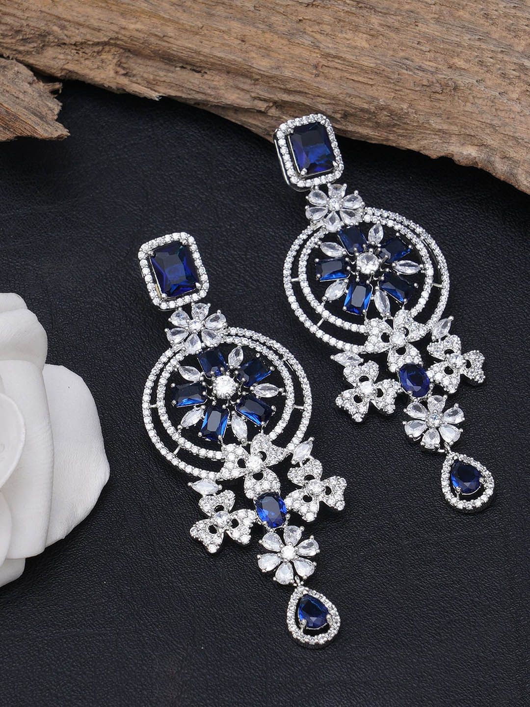 KARATCART Women Blue & Silver-Toned Floral Drop Earrings Price in India