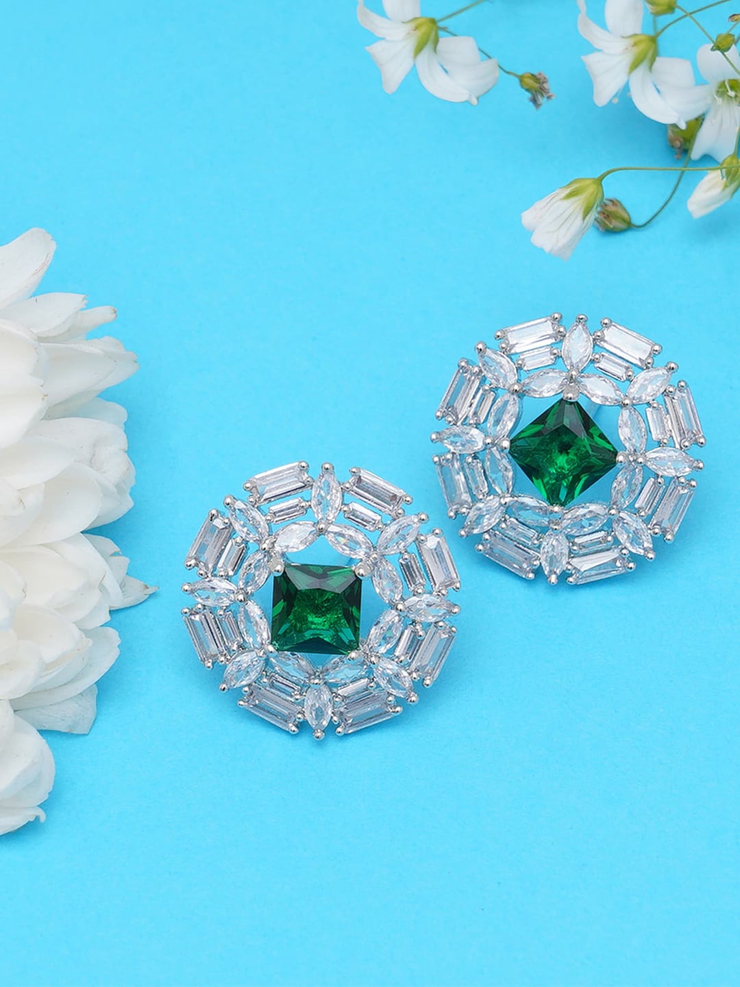 KARATCART Silver-Plated Green AD Studded Contemporary Studs Earrings Price in India
