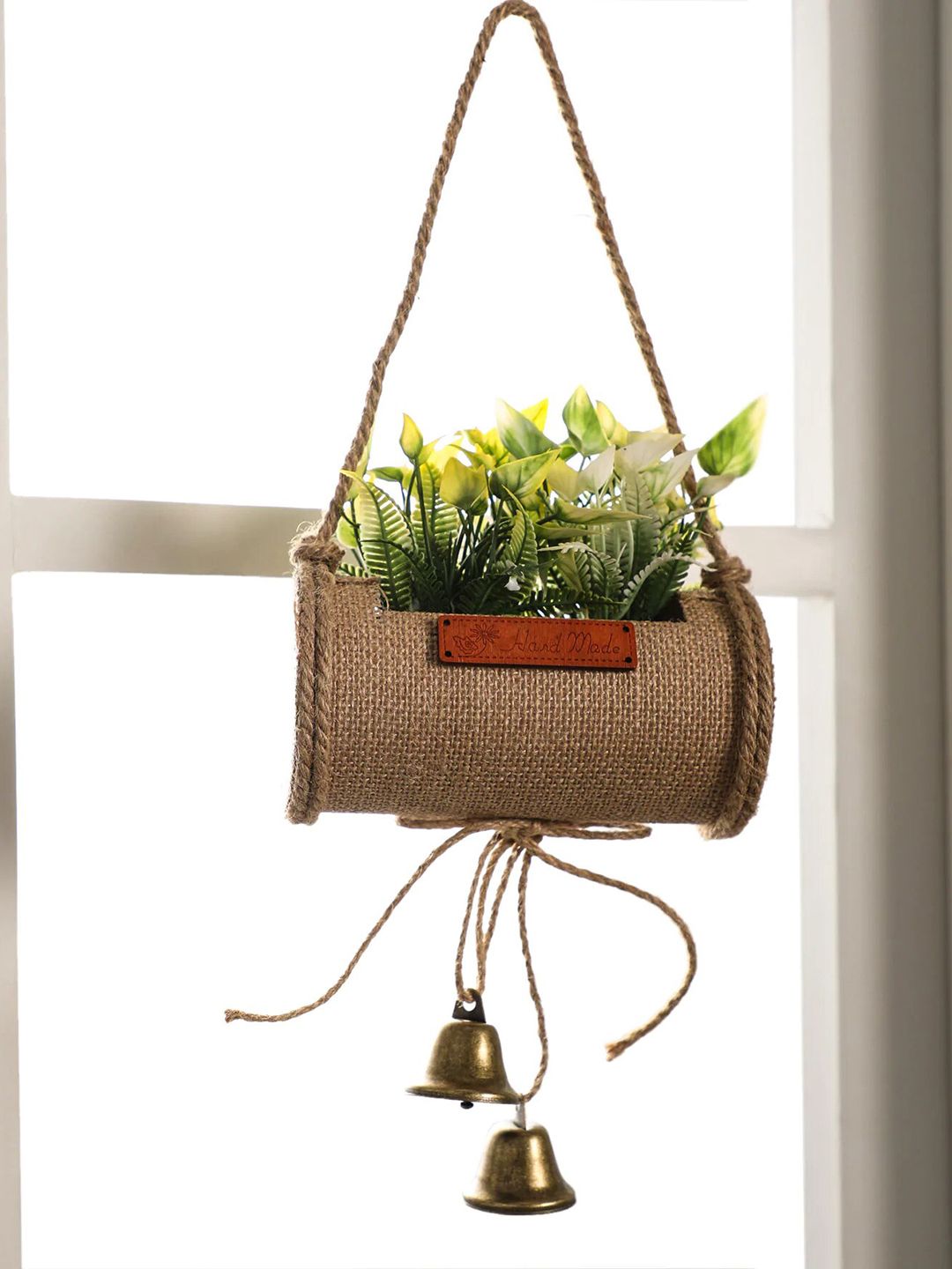PolliNation Yellow Artificial Bonsai in  Jute Duffle Hanging Planter Pot with Bells Price in India