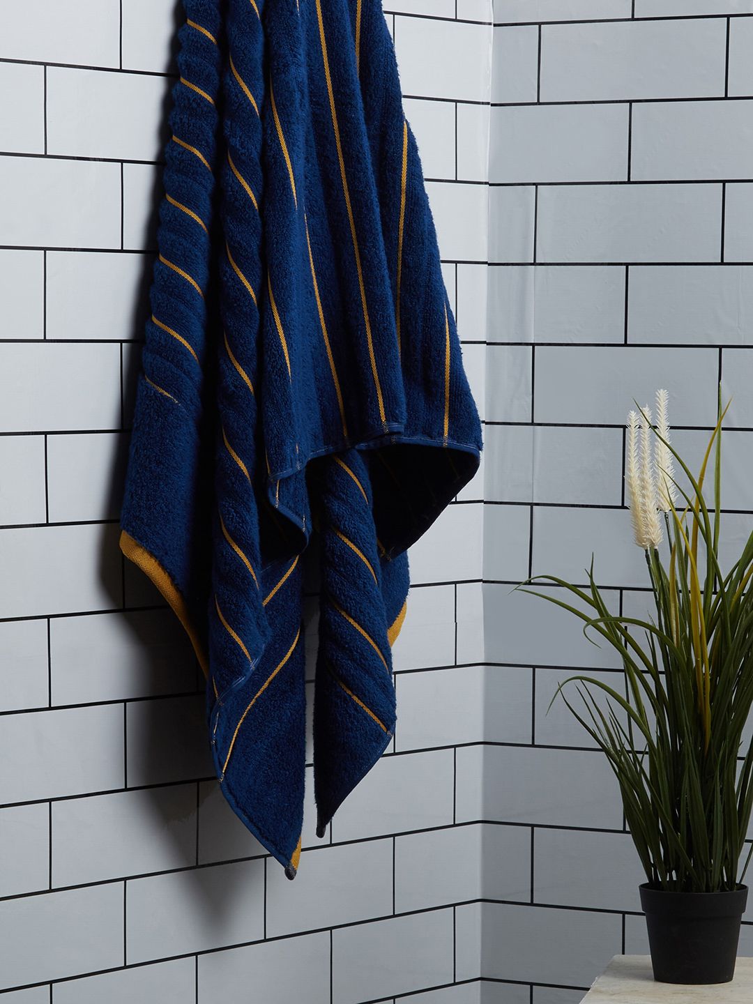 SPACES Blue Striped Pure Cotton 580 GSM Bath Towel Price in India