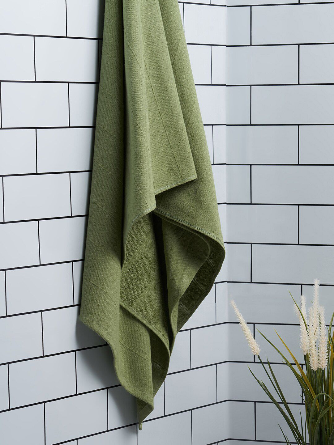 SPACES Olive Green Solid Pure Cotton 250 GSM Light Weight Bath Towel Price in India