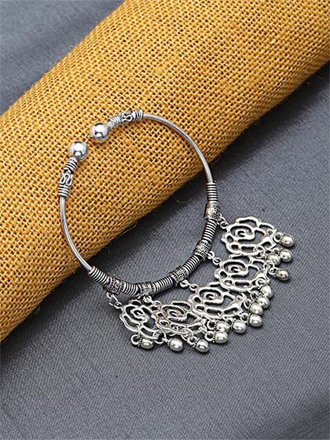 ZeroKaata Women Silver-Toned Oxidised Rose Charm Kada Bracelet Price in India
