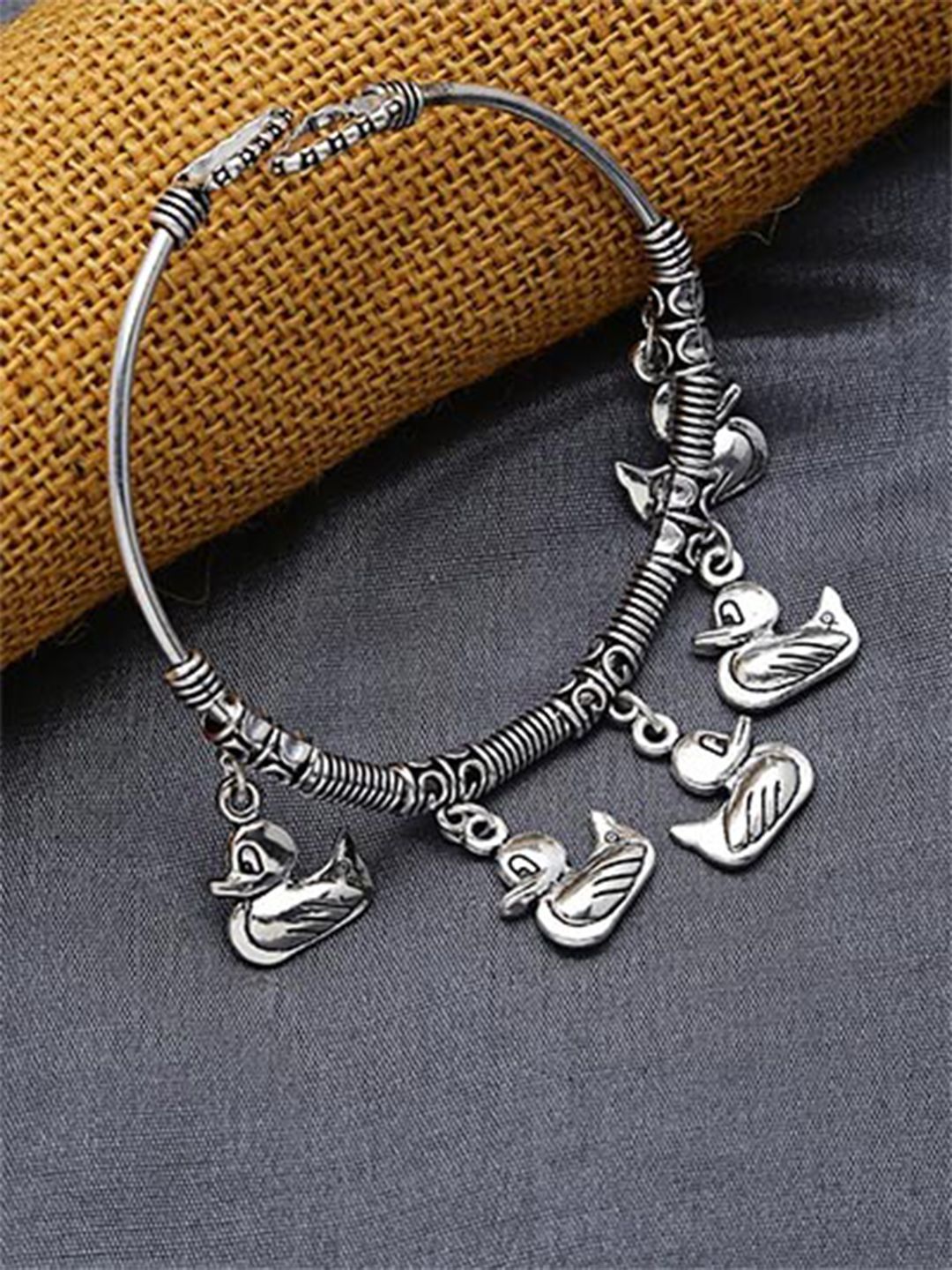 ZeroKaata Women Silver-Toned Oxidised Duck Charm Kada Bracelet Price in India