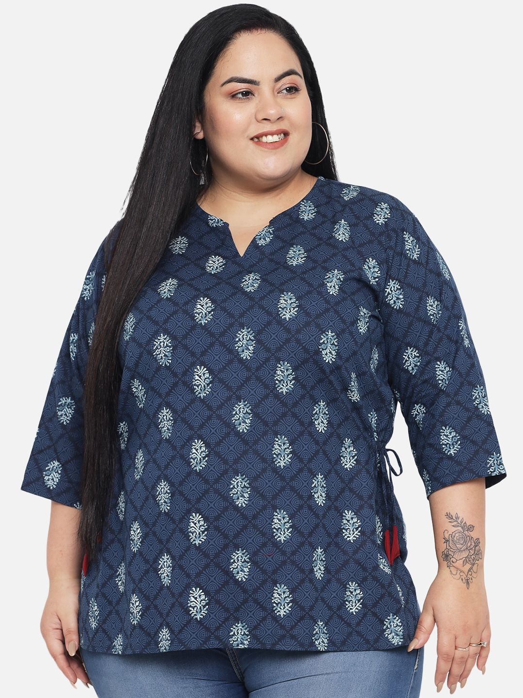 Indietoga Women Plus Size Blue Printed Indigo Top