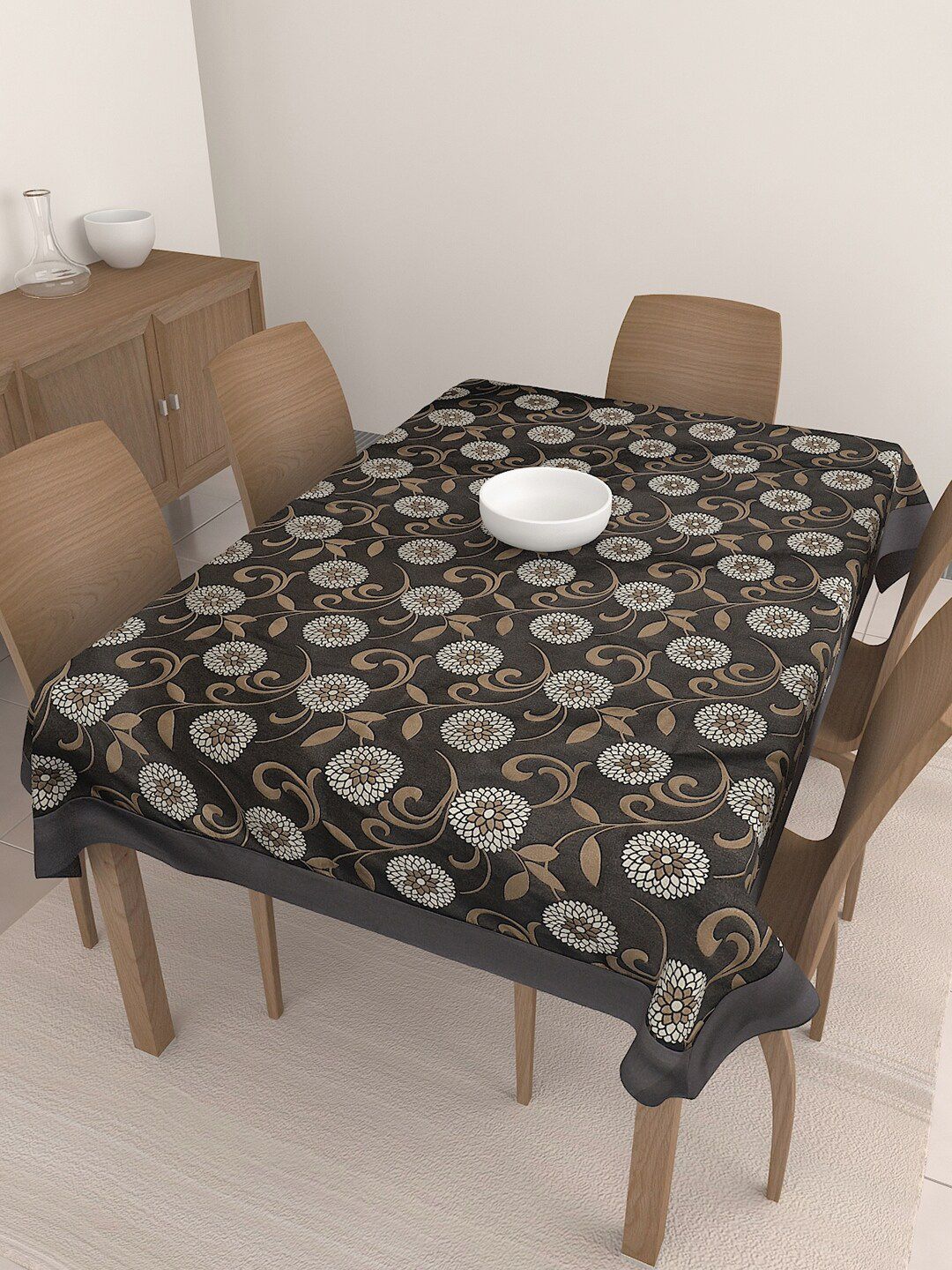 S9home by Seasons Black & Brown Floral Printed 6-Seater Polyester Table Cover Price in India