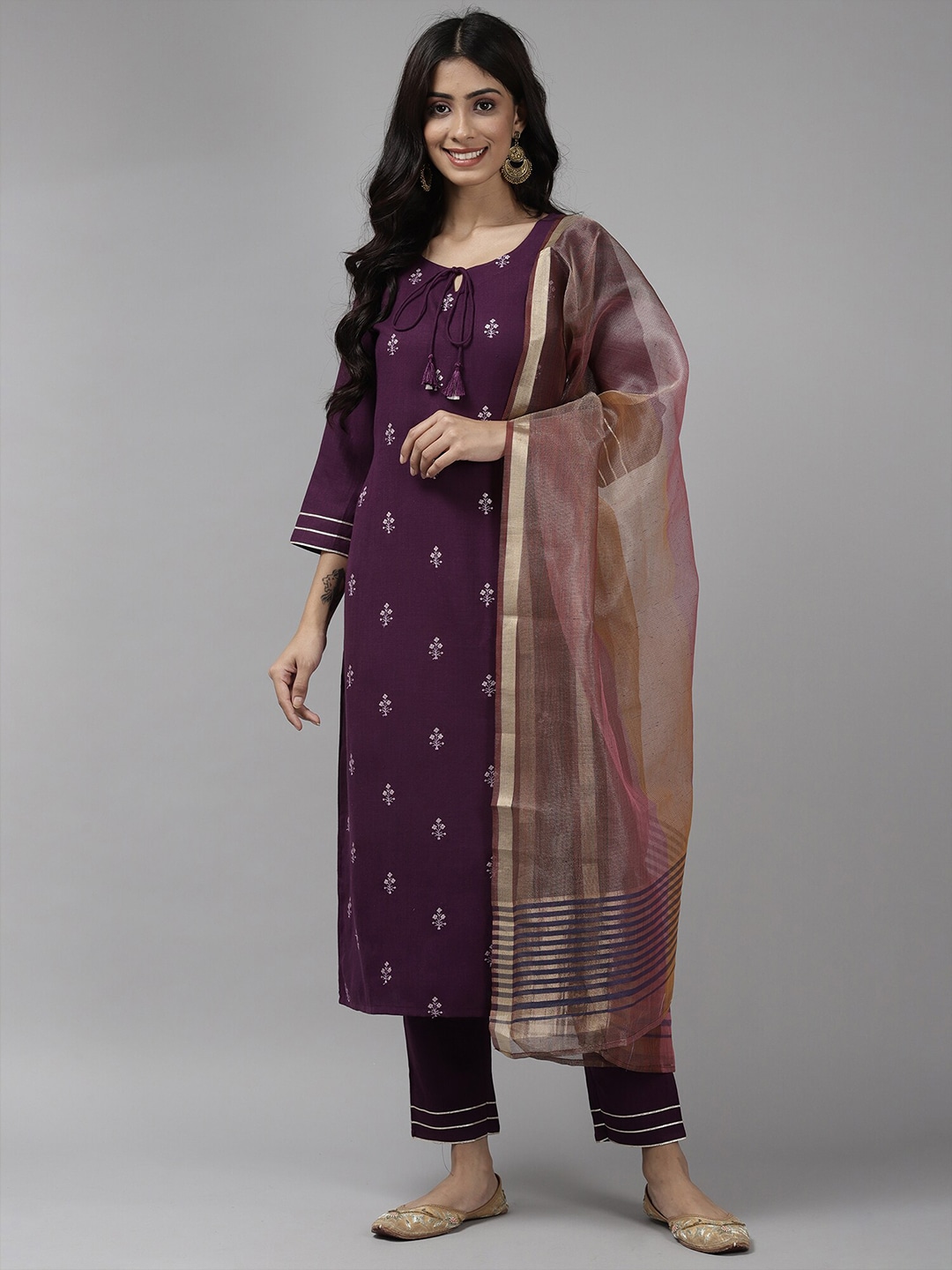 Indo Era Purple & Gold-Toned Art Silk Dupatta with Zari Price in India