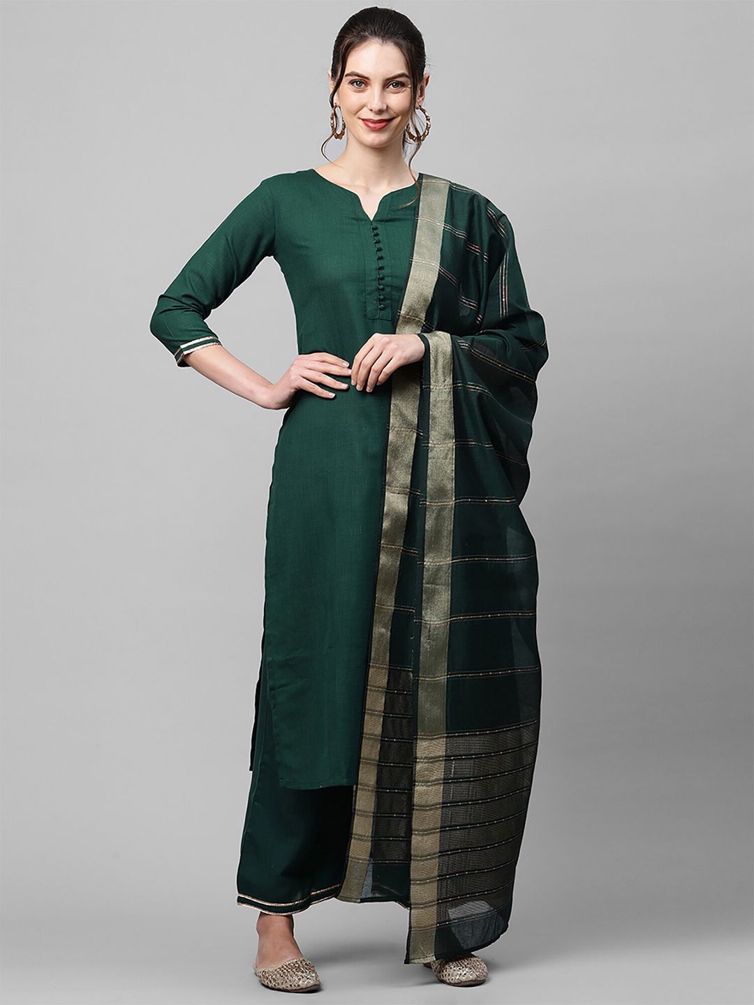 Indo Era Green & Gold-Toned Woven Design Art Silk Dupatta with Zari Price in India