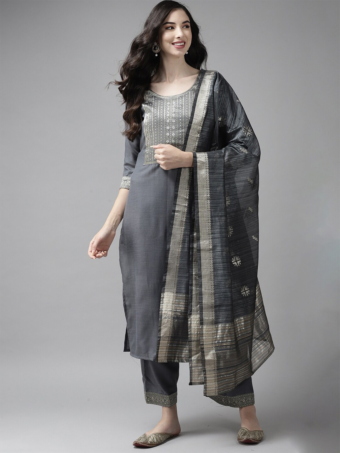 Indo Era Grey & Golden Ethnic Motifs Woven Design Art Silk Dupatta with Zari Price in India
