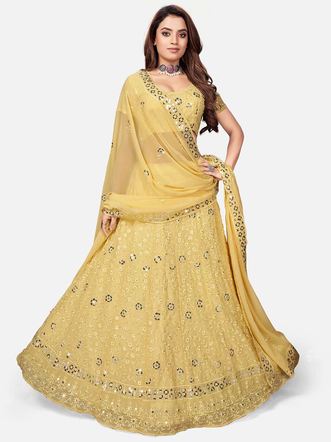 WHITE FIRE Yellow Embellished Semi-Stitched Lehenga & Unstitched Blouse With Dupatta Price in India