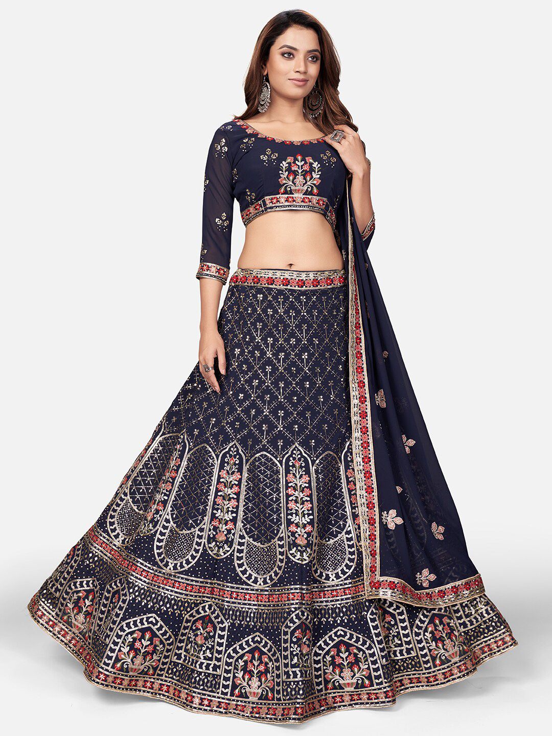 WHITE FIRE Navy Blue & Gold-Toned Embellished Thread Work Semi-Stitched Lehenga & Unstitched Blouse With Price in India