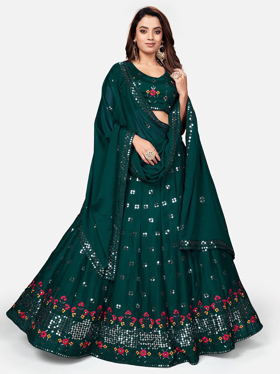 WHITE FIRE Women Teal Embellished Semi-Stitched Lehenga & Unstitched Blouse With Dupatta Price in India