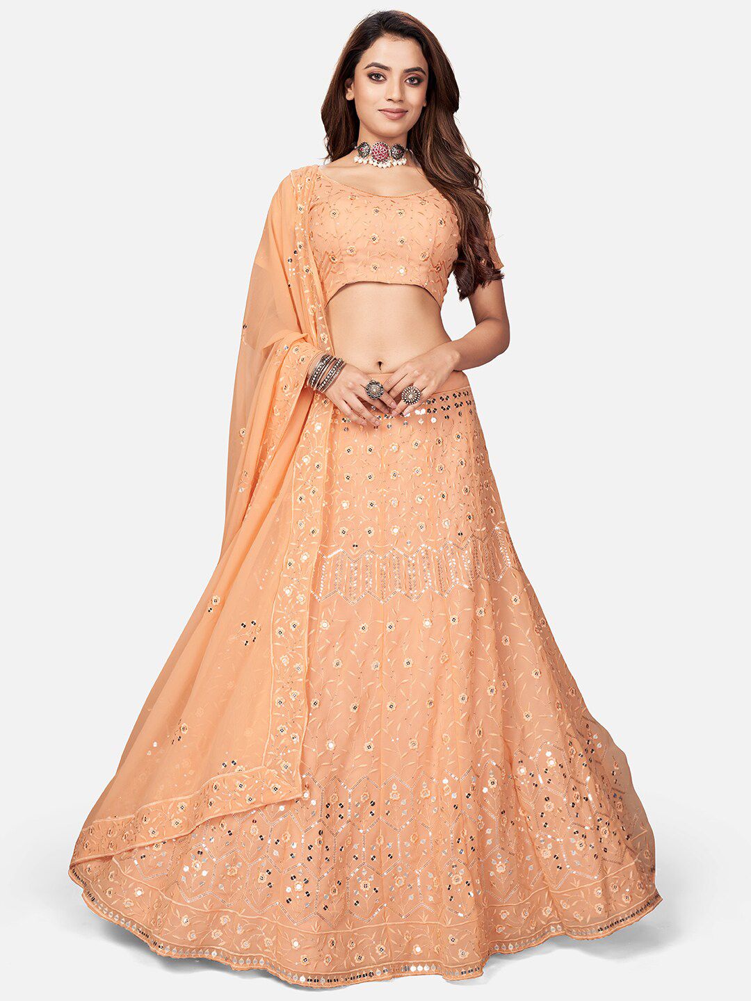 WHITE FIRE Peach Embellished Thread Work Semi-Stitched Lehenga Unstitched Choli & Dupatta Price in India