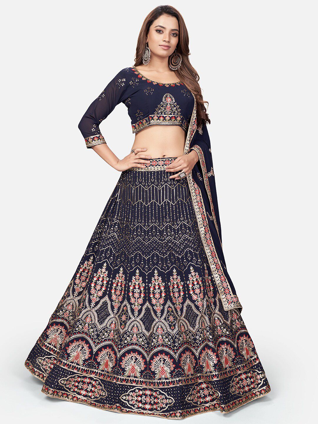 WHITE FIRE Navy Blue & Pink Embroidered Unstitched Lehenga & Blouse With Dupatta Price in India