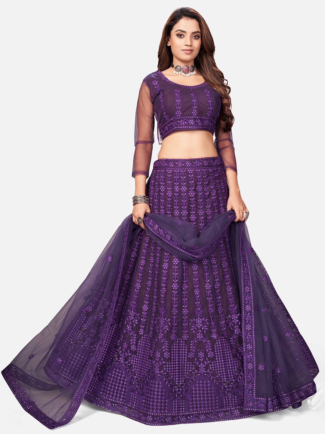 WHITE FIRE Purple Embellished Thread Work Semi-Stitched Lehenga & Unstitched Blouse With Dupatta Price in India