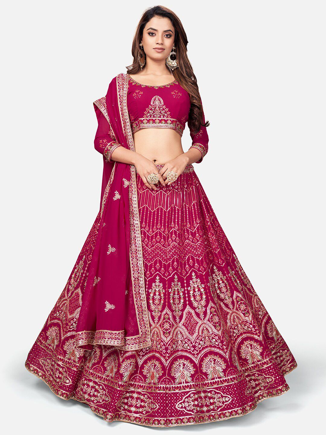 WHITE FIRE Pink & Green Embellished Thread Work Semi-Stitched Lehenga & Unstitched Blouse With Dupatta